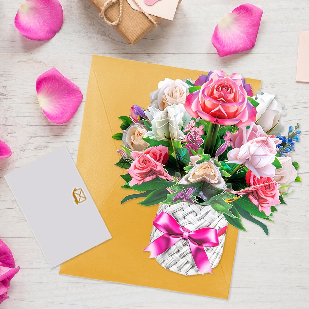 3D Paper Pop Up Bouquet Cards with Pink White Rose, Handmade Floral Greeting Card with Blank Note Card Envelope for Spring Birthday, Mother’s Day Graduation Housewarming Women Party Gifts